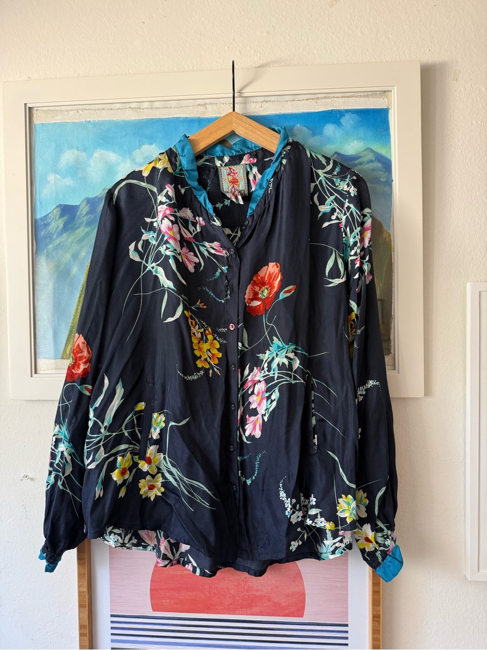 Johnny Was Navy Floral Button-Up Blouse with Teal Trim